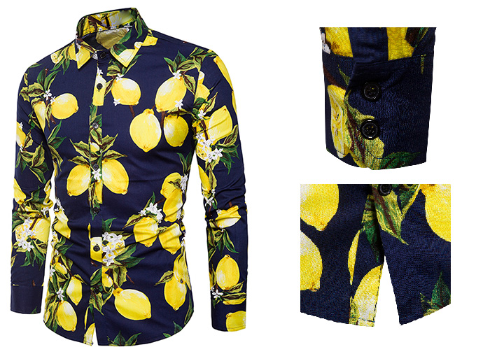 Turndown Collar Lemons Print Long Sleeve Shirt