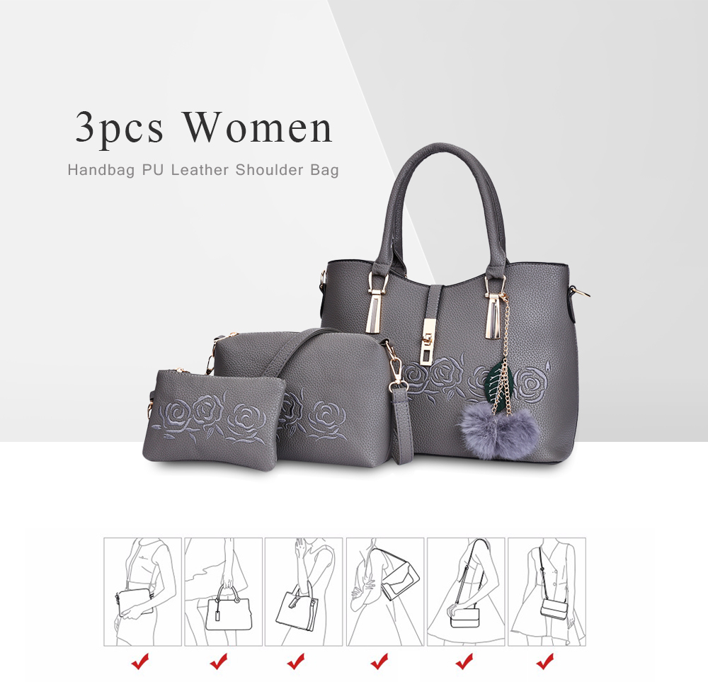 Guapabien 3pcs Women Handbag Shoulder Crossbody Bag PU Leather Wristlet