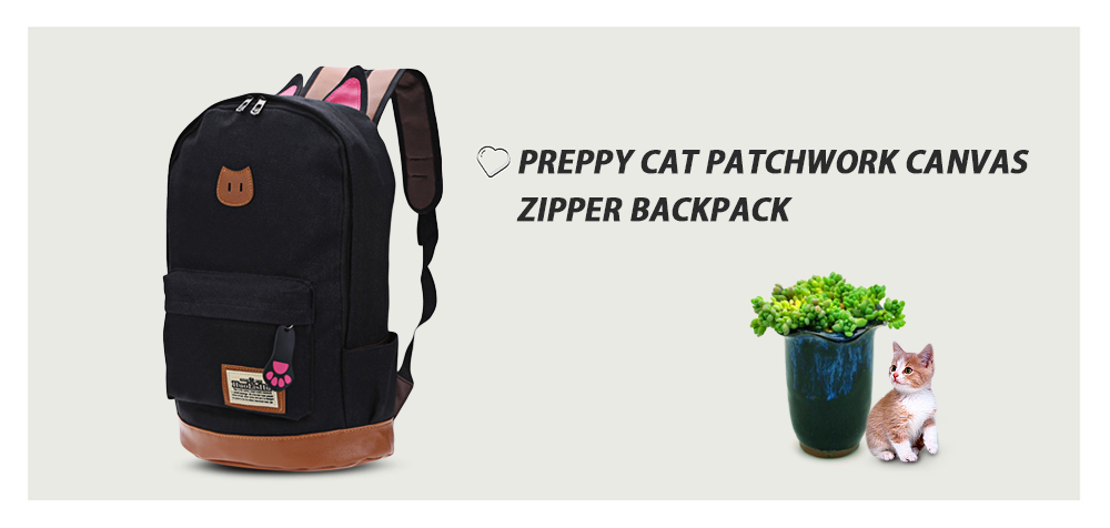 Guapabien Preppy Style Cat Patchwork Canvas Zipper Girl Portable School Backpack