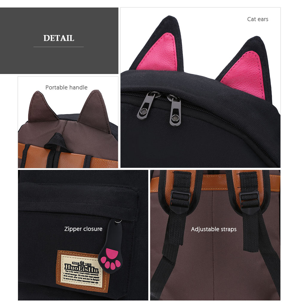 Guapabien Preppy Style Cat Patchwork Canvas Zipper Girl Portable School Backpack