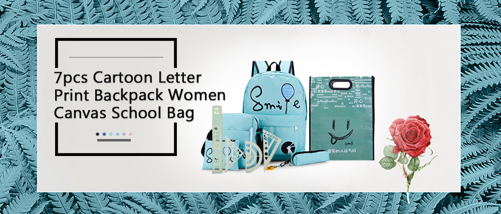 7pcs Cartoon Letter Printing Backpack Women Canvas School Bag for Teenagers