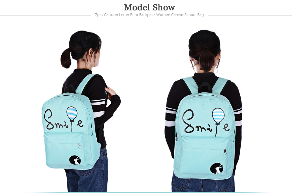 7pcs Cartoon Letter Printing Backpack Women Canvas School Bag for Teenagers