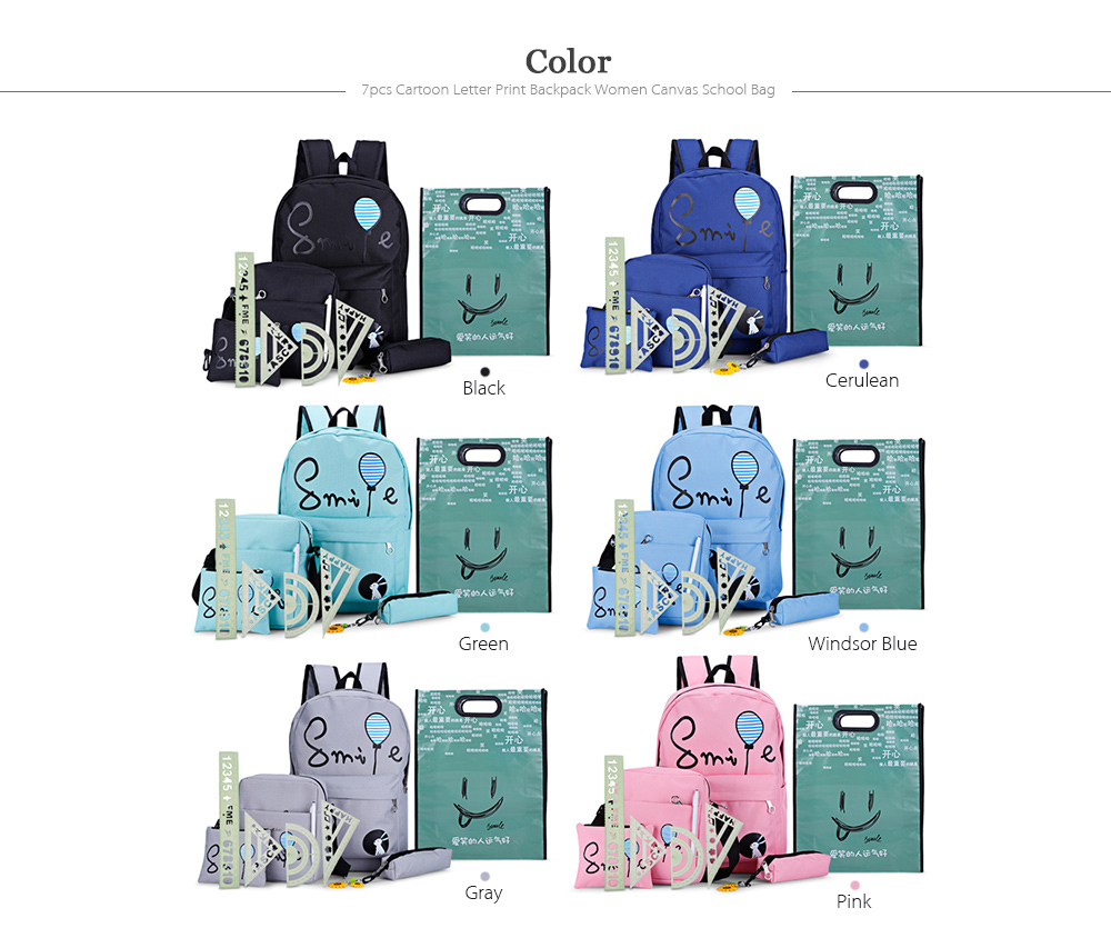 7pcs Cartoon Letter Printing Backpack Women Canvas School Bag for Teenagers