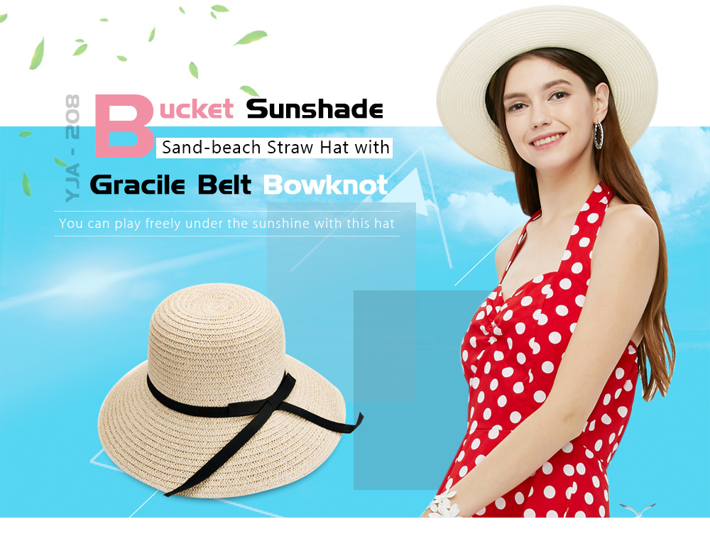 YJA - 208 Women Summer Sun Protection Bucket Sunshade Sand-beach Straw Hat with Gracile Belt Bowknot