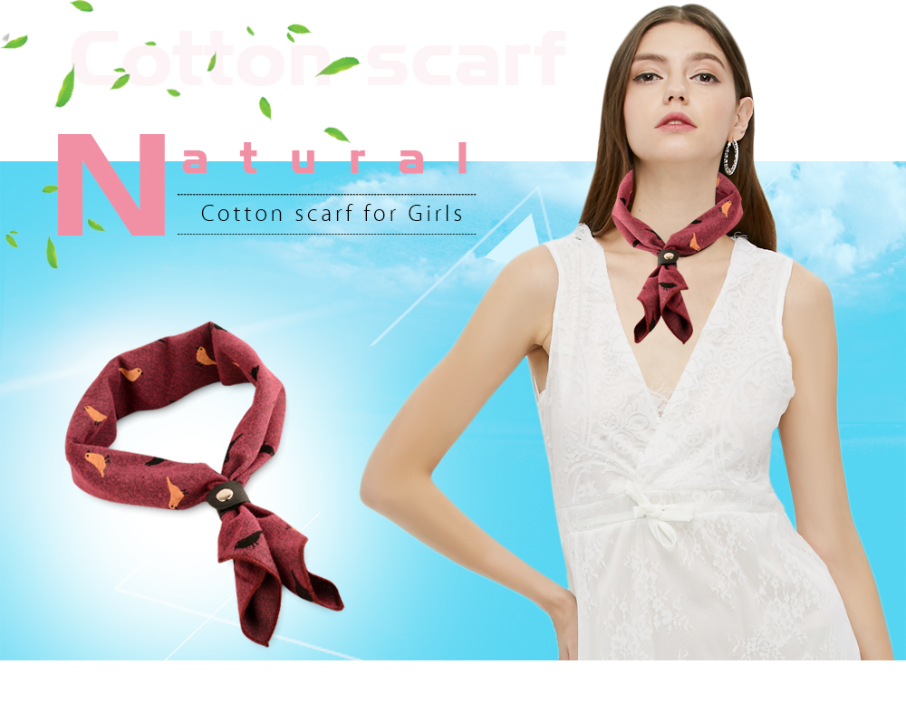 Female Cotton Scarf Kerchief Lightweight Cute Bird Pattern Headband Leather Strap with Buckle for Girls
