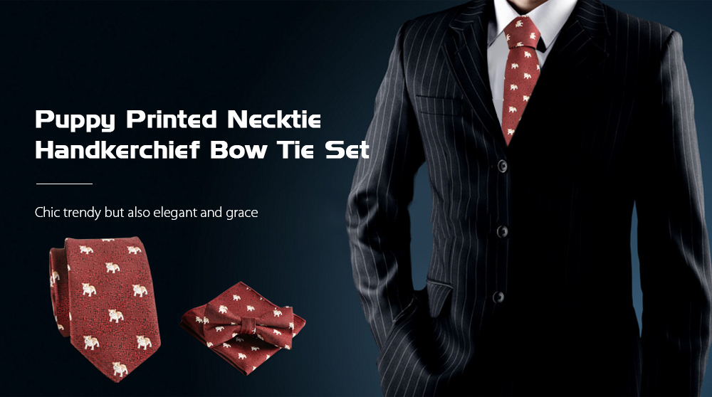 Casual Polyester Puppy Print Necktie Handkerchief Bow Tie Set for Wedding Party