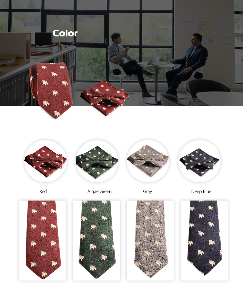 Casual Polyester Puppy Print Necktie Handkerchief Bow Tie Set for Wedding Party