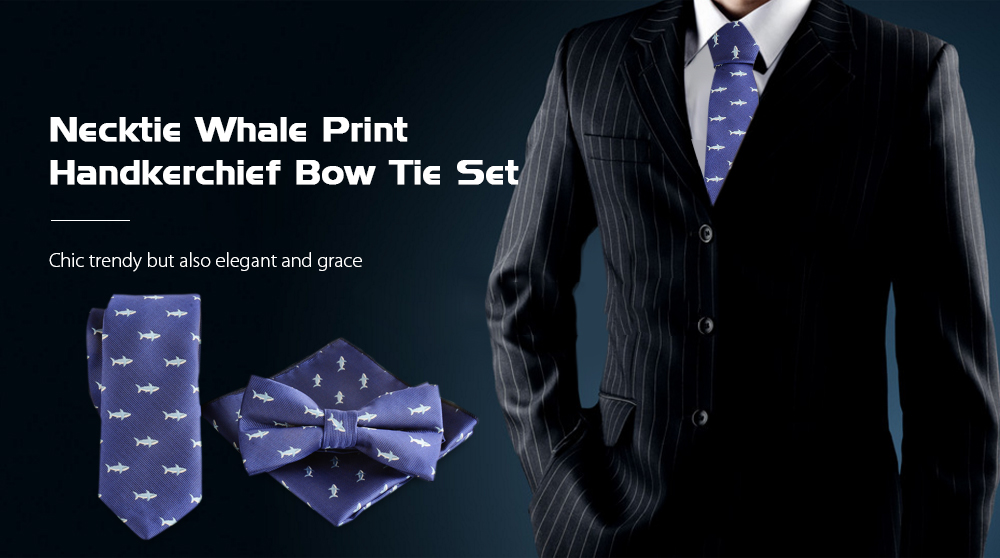 Classic Necktie Whale Printed Cravat Handkerchief Bow Tie Set Party Accessories