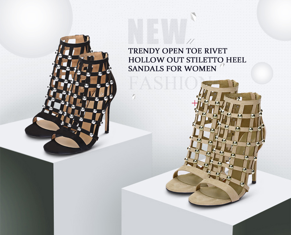 Trendy Open Toe Rivet Hollow Out Stiletto Heel Women Sandals