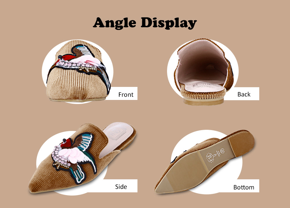 Trendy Pointed Toe Bird Embroidery Rhinestone Flat Heel Women Slippers