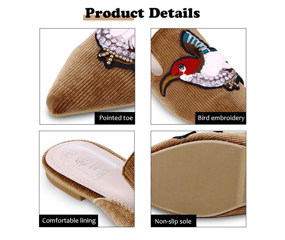 Trendy Pointed Toe Bird Embroidery Rhinestone Flat Heel Women Slippers