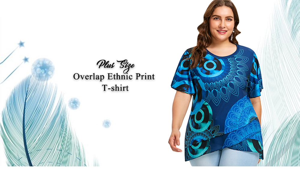 Print Plus Size Flutter Sleeve Overlap T-shirt