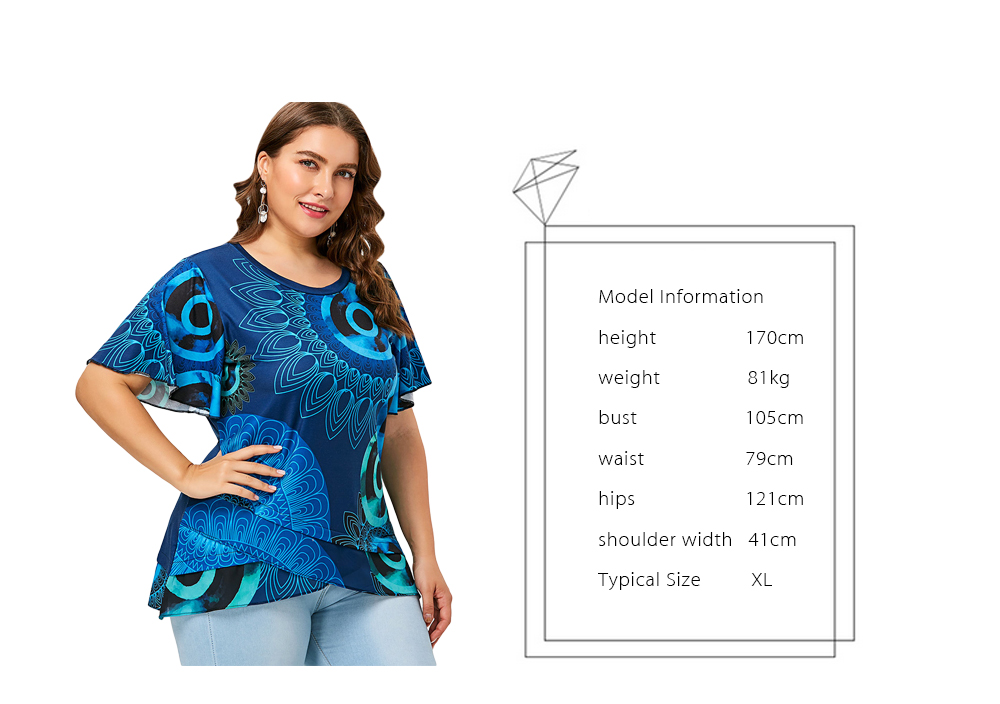 Print Plus Size Flutter Sleeve Overlap T-shirt