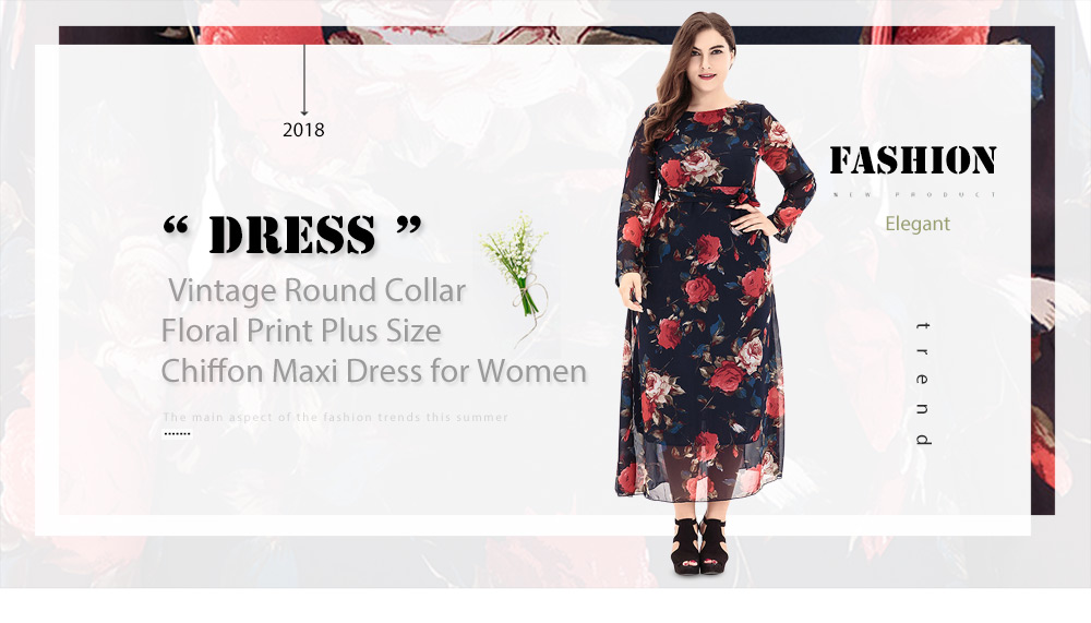 Vintage Round Collar Long Sleeve Floral Print Plus Size Chiffon Belted Women Maxi Dress