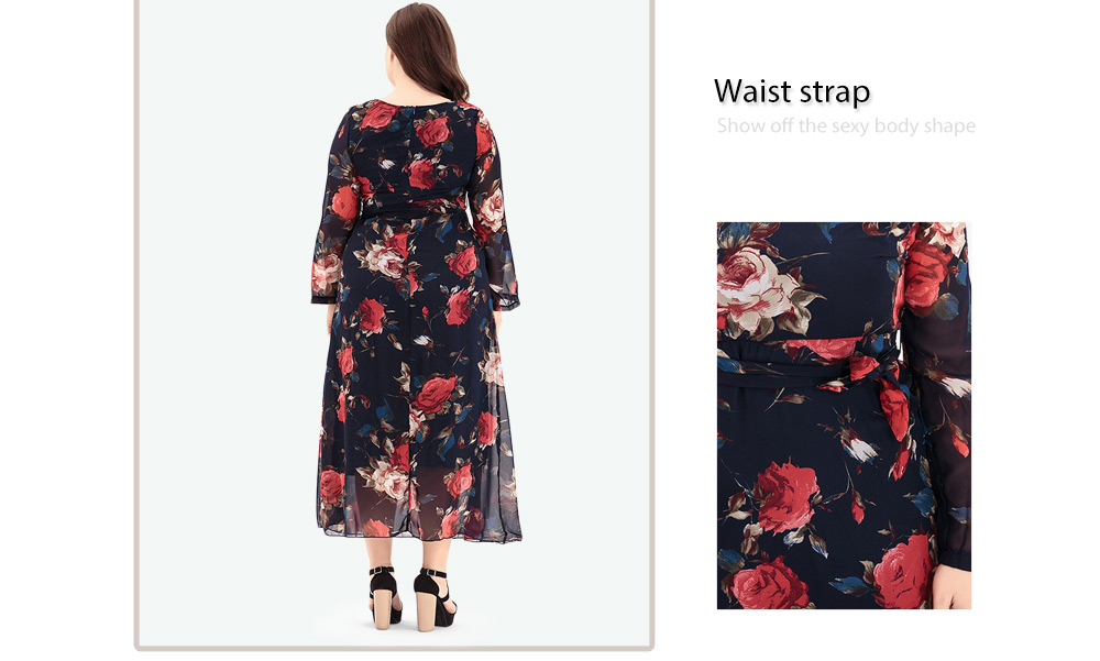 Vintage Round Collar Long Sleeve Floral Print Plus Size Chiffon Belted Women Maxi Dress