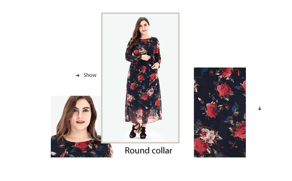 Vintage Round Collar Long Sleeve Floral Print Plus Size Chiffon Belted Women Maxi Dress