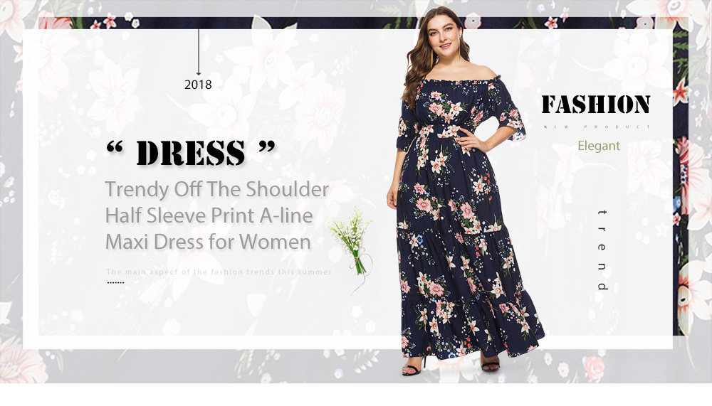 Trendy Off The Shoulder Half Sleeve Polka Dot Floral Print Plus Size A-line Women Maxi Dress