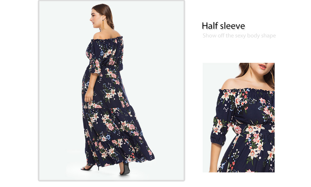 Trendy Off The Shoulder Half Sleeve Polka Dot Floral Print Plus Size A-line Women Maxi Dress