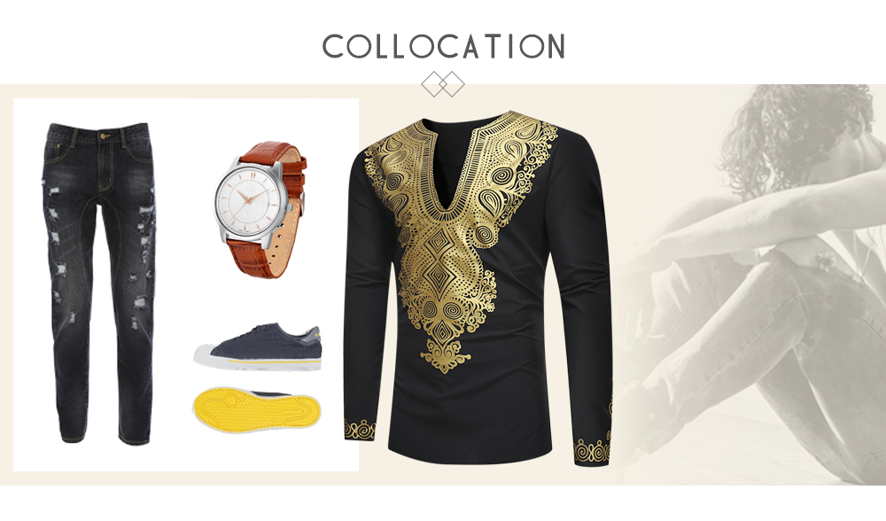 V-neck Collar Ethnic Style Printing Shirt Men Top