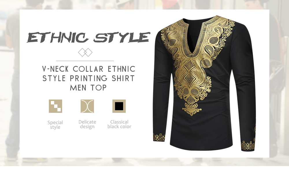 V-neck Collar Ethnic Style Printing Shirt Men Top
