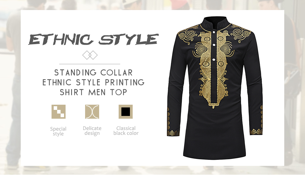 Standing Collar Ethnic Style Printing Shirt Men Top
