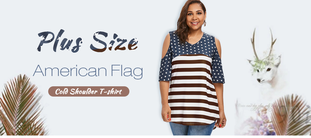 Plus Size Open Shoulder Patriotic T-shirt