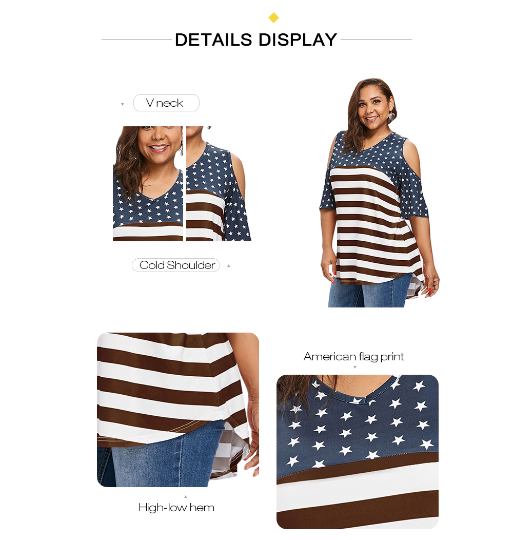 Plus Size Open Shoulder Patriotic T-shirt