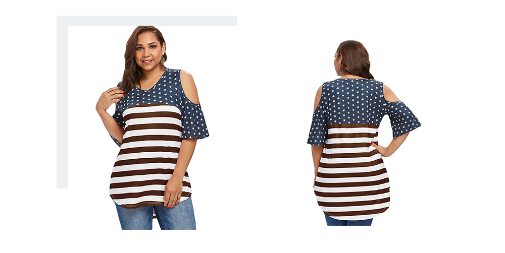 Plus Size Open Shoulder Patriotic T-shirt