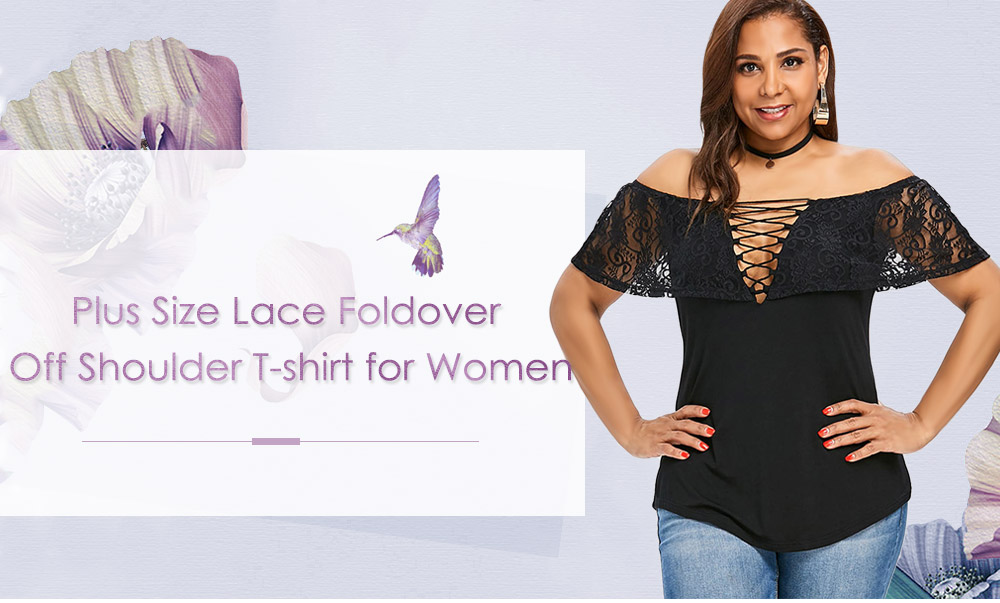 Plus Size Lace Foldover Off Shoulder T-shirt