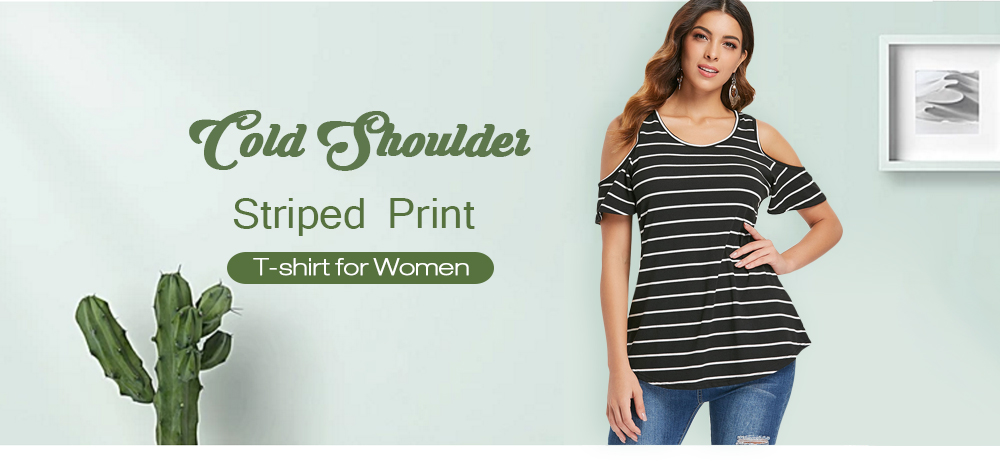 Cold Shoulder Striped Plain T-shirt