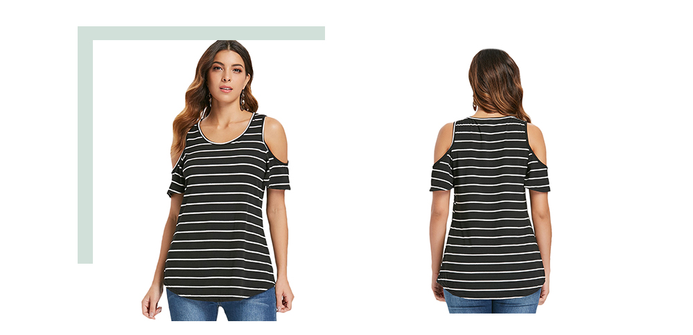 Cold Shoulder Striped Plain T-shirt