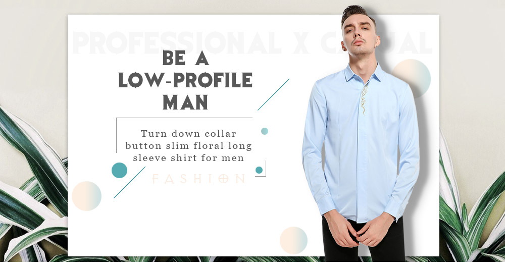 Men Causal Turn Down Collar Slim Floral Placket Long Sleeve Shirt Male Top