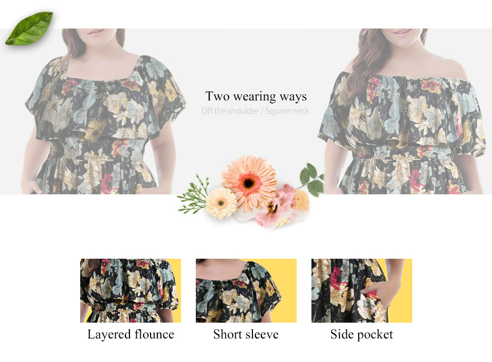 Off The Shoulder Square Neck Flounce Floral Plus Size Women Maxi Dress