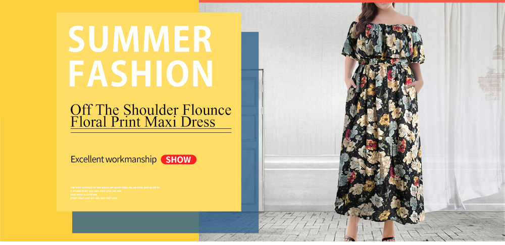 Off The Shoulder Square Neck Flounce Floral Plus Size Women Maxi Dress