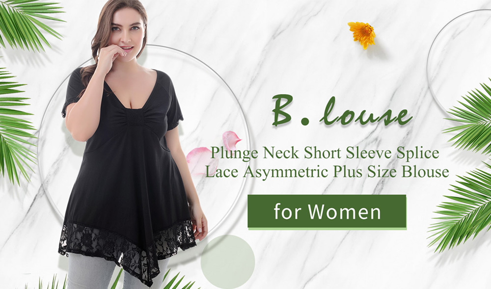 Plunge Neck Short Sleeve Splice Lace Asymmetric Plus Size Women Blouse