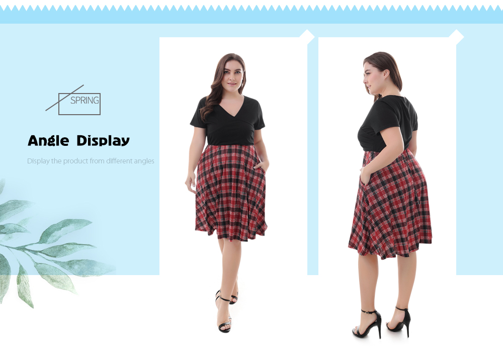Plunge Neck Short Sleeve Plaid Stripe Plus Size A-line Women Dress