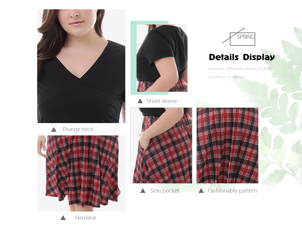 Plunge Neck Short Sleeve Plaid Stripe Plus Size A-line Women Dress