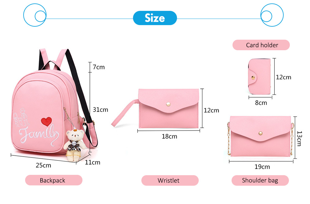 4pcs Composite PU Leather Women Cute Bear Shoulder Bag Backpack Wristlet Card Holder