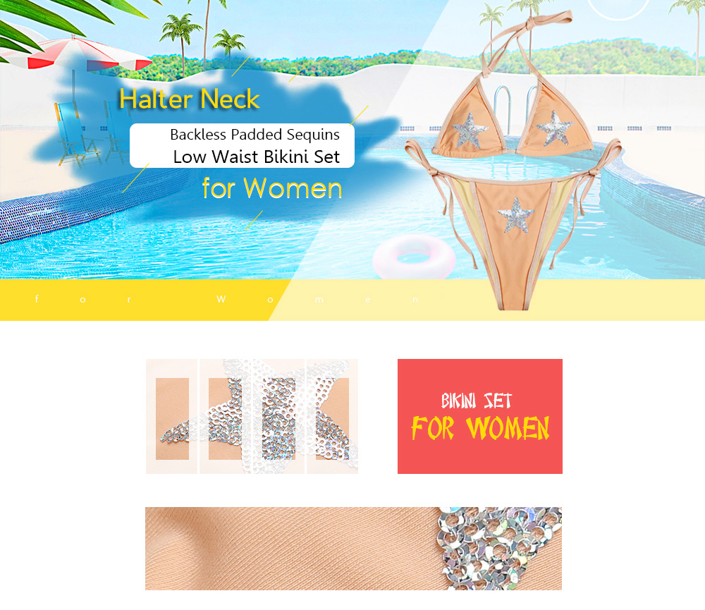 Halter Neck Backless Padded Sequins Print Low Waist Women Bikini Set