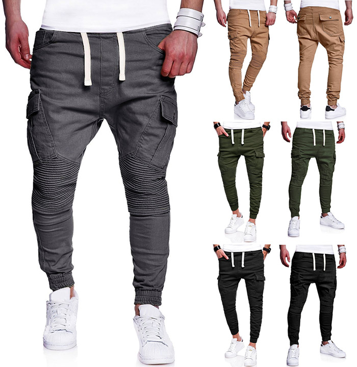 Pleated Elastic Cuffed Drawstring Cargo Pants - Light Khaki ...