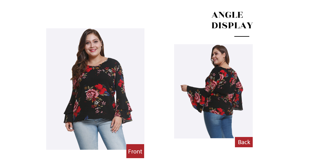 Round Neck Long Bell Sleeve Floral Print Plus Size Women Chiffon Blouse