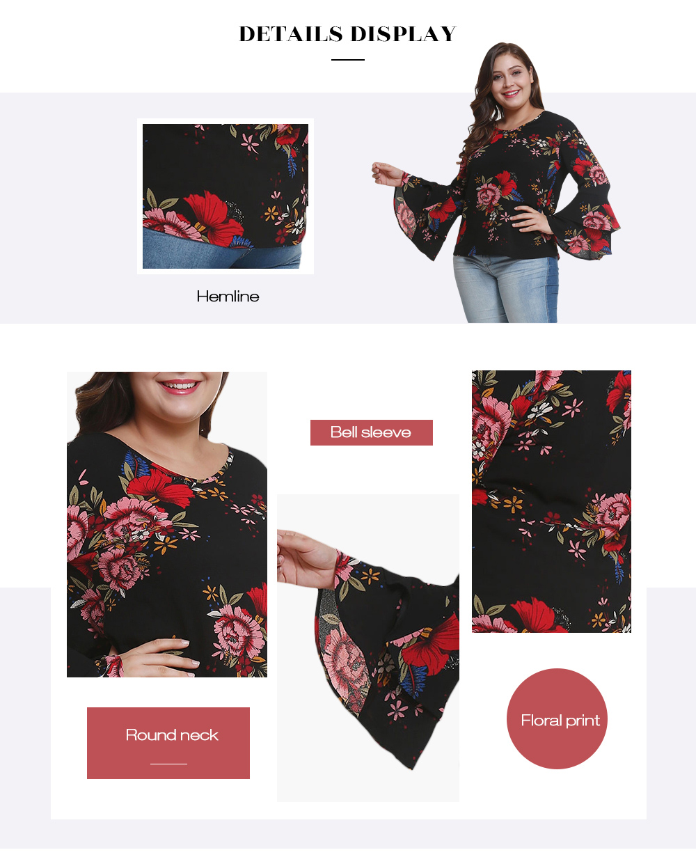 Round Neck Long Bell Sleeve Floral Print Plus Size Women Chiffon Blouse