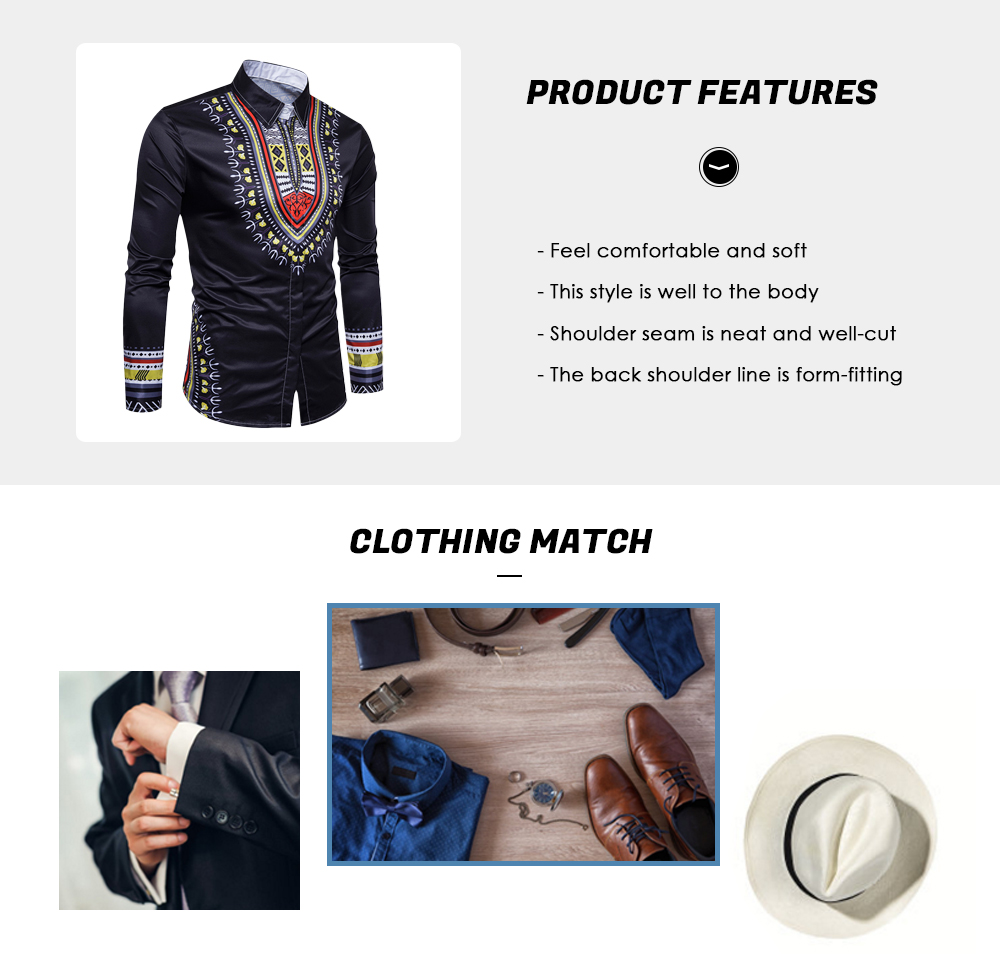Long Sleeve Shirt Men 3D Printing Slim Fit Turn-down Collar Casual Male Clothing