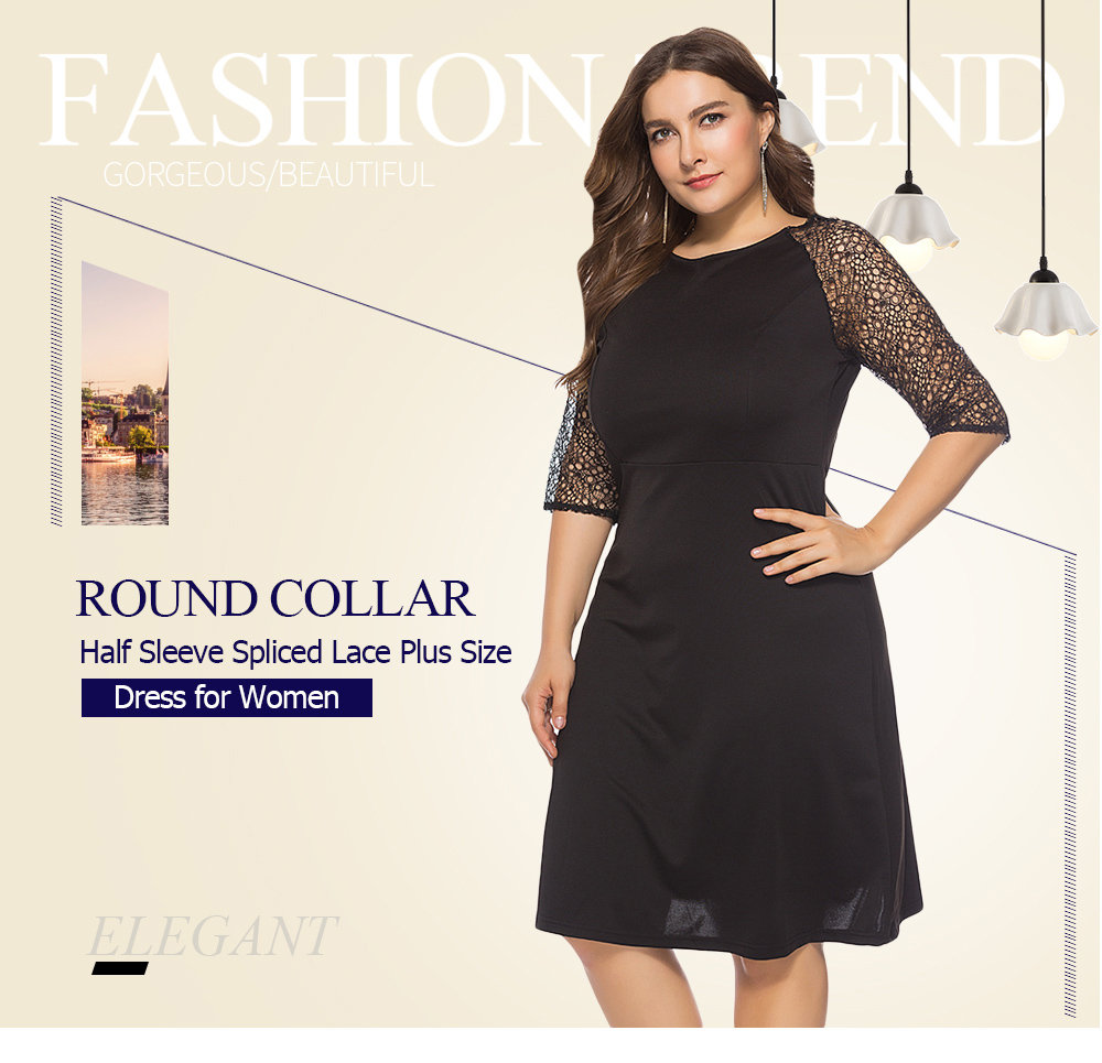 Round Collar Half Sleeve Spliced Lace Plus Size Women Dress