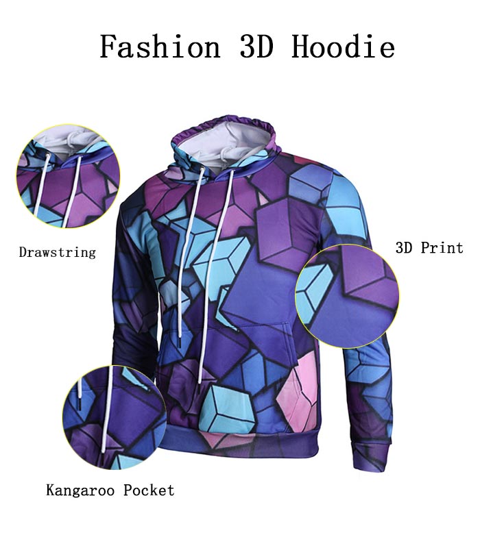 Drawstring 3D Geometric Cubes Print Hoodie