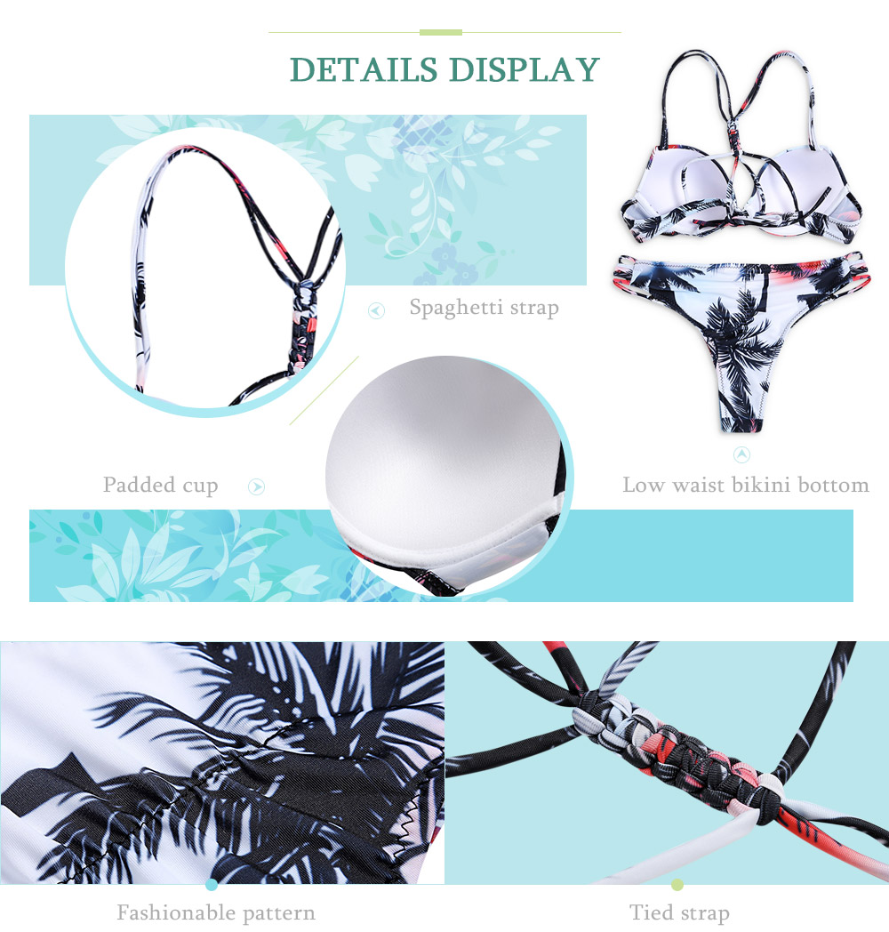 Spaghetti Strap Padded Underwire Tree Print Tied Low Waist Women Bikini Set