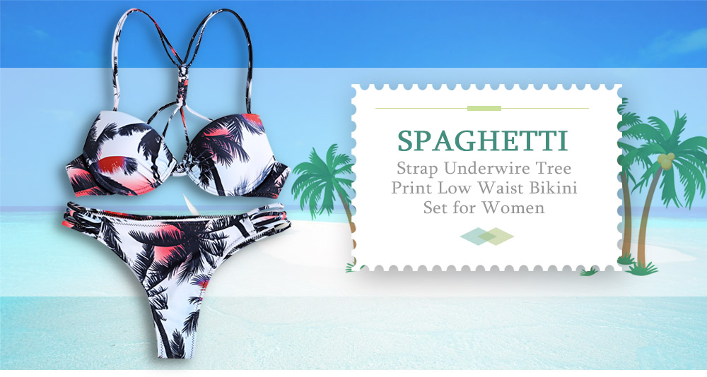 Spaghetti Strap Padded Underwire Tree Print Tied Low Waist Women Bikini Set