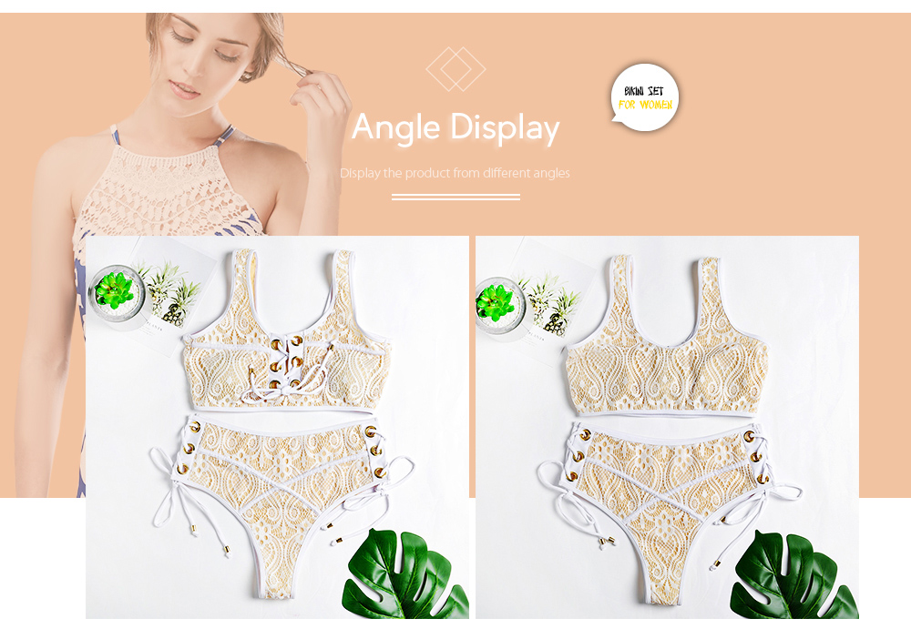 Shoulder Strap Lace-up Lace Crochet High Waist Women Bikini Set