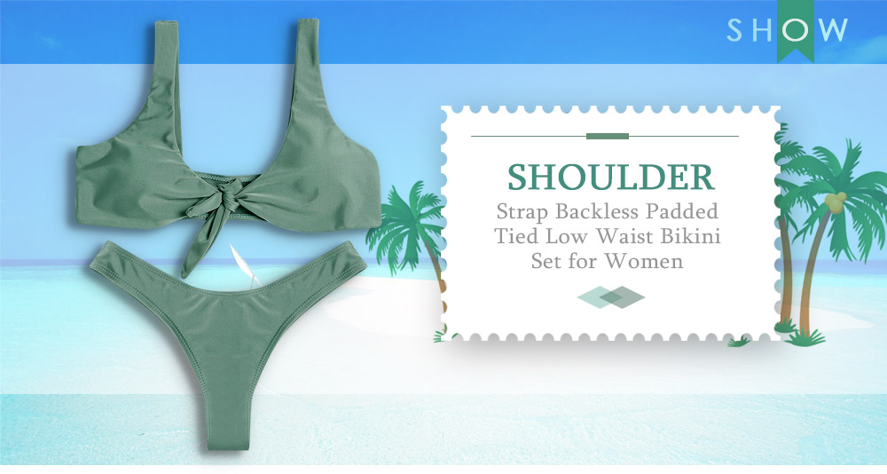 Shoulder Strap Backless Padded Tied Low Waist Solid Color Women Bikini Set