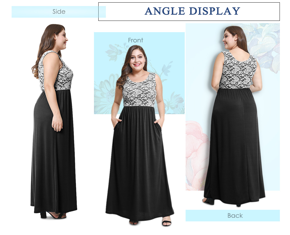 Scoop Neck Sleeveless Spliced Lace Pocket Plus Size Women Maxi Dress